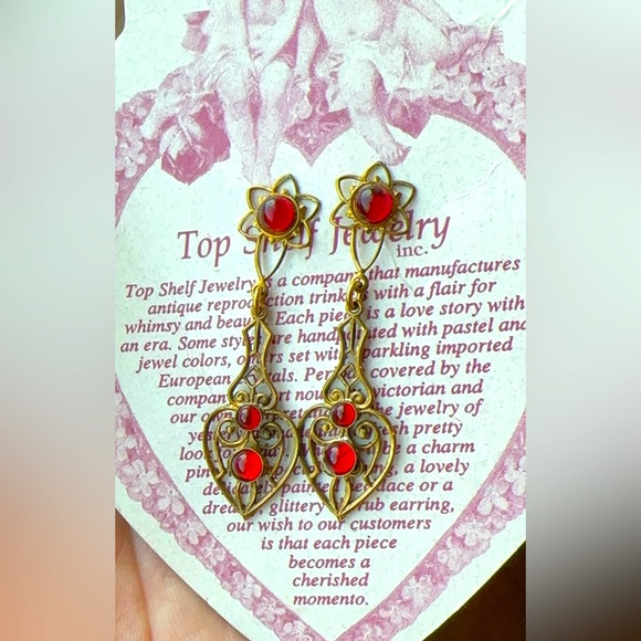 Top Shelf Antique Gold Dangle with red rhinestones Earrings - Picture 1 of 3